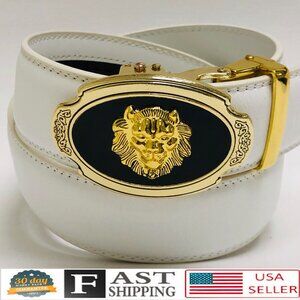 Fashion Leather Gold Slide White Men's Belt Automatic Buckle Jeans‎ Dress Lion